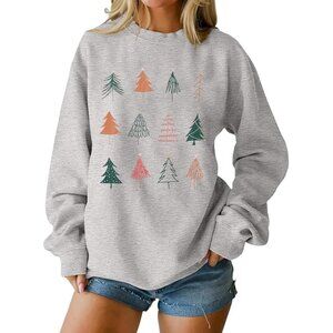 Christmas Trees Sweatshirt Size Medium Crewneck Long Sleeve Gray  Holiday NEW